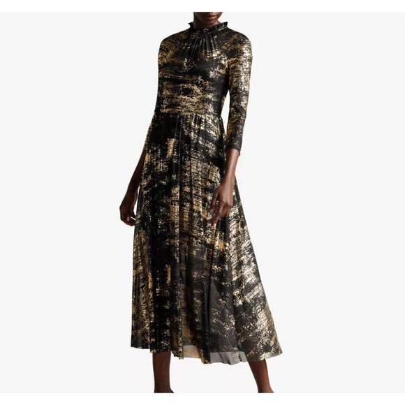 TED BAKER Iggiey metallic-print frilled-neck midi dress US size 6 Ted size 2 - Picture 1 of 10